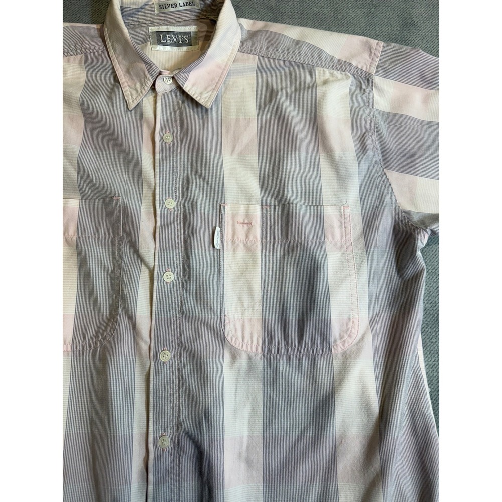 Levis Silver Label Vintage 90s Striped Short Sleeve Shirt Pink Grey L - Picture 9 of 10